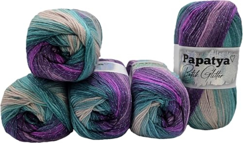 5 x 100g Papatya Batik Glitter Strickgarn – 500g Glitzerwolle mit Metallicfaden, 1800m Lauflänge, Farbverlauf Effektgarn, weiches Häkel- & Strickgarn (petrol lila türkis weiss 05)