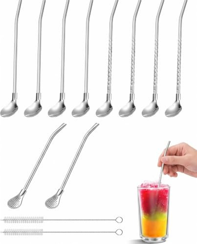 KACZUS 10 Pajitas de Acero Inoxidable con Cuchara y Bombilla Mate, 21cm, Plata | Cuchara de Paja Reutilizable con 2 Cepillos, Bombilla para Mate Argentino, para Té Suelto y Café Helado