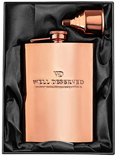 Set di fiaschetta in rame da 236 ml, imbuto, sacchetto, confezione regalo, idee regalo per 7° anniversario di rame, per uomo, donna, lui, lei. Incisione meritata. Fiaschetta in oro rosa