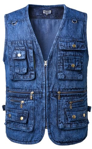 KTWOLEN Herren Retro Jeans Weste Motorrad Weste Vintage Kutte Jeansweste Ärmellos Jeans Jacke Denim Weste mit Vielen Taschen