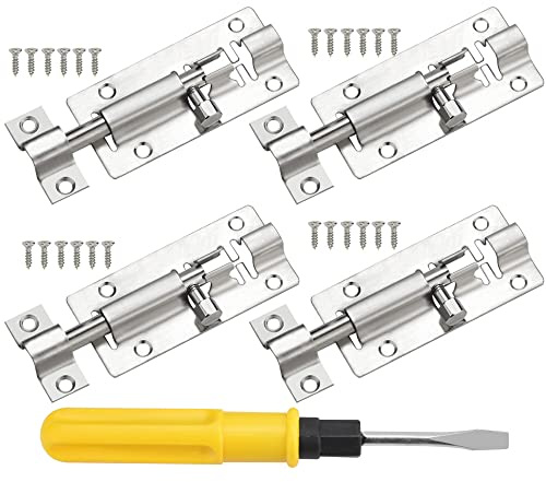SPEACOUR 4 Set di Catenaccio in Acciaio Inox Catenaccio Chiavistello Scorrevole 73x35mm con 24 Viti e Cacciavite Catenaccio Porta Sicurezza per Porta Giardino, Bagno, Recinzione e Finestra - Argento