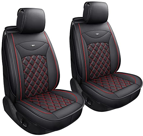 Udpomb 2 Stück Auto Vordersitzbezüge aus Leder in Schwarz&Rot mit Rhombus Motiv - Universelle Passform für Meisten Autos - Airbag kompatibel - Verschleißfestes Kunstleder - Einfache Installation.