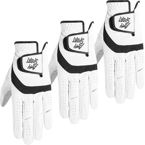 Amy Sport Golf Gloves Men Left Hand 3 Pack Right Hand PU Leather All Weather Grip Soft Breathable Flexible for Golfers Size Small Medium ML Large XL (White-3 Pack, M/Large, Worn on Left Hand)