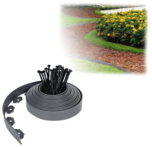 HENGMEI Rasenkante Kunststoff 20m Flexible Beetumrandung Wurzelsperre System Beeteinfassung blumenbeet Umrandung mit 60 Befestigungsnägeln, Grau