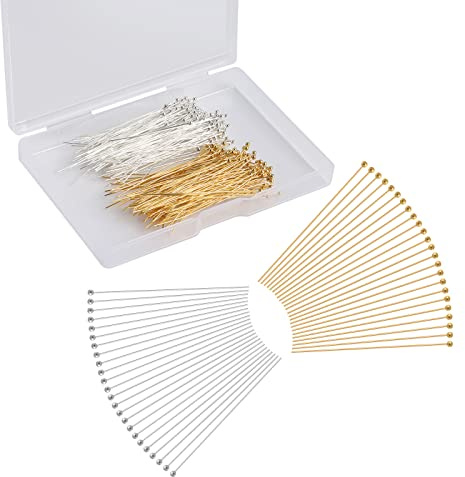 KINBOM 300Pz Perni di Testa per Gioielli, 5cm di Lunghezza Spille Dritte Argento e Oro Spille per Gioielli Chiodini per Orecchini Fai Da Te Orecchini Bracciale Collana Ciondolo (Perni a Testa Tonda)