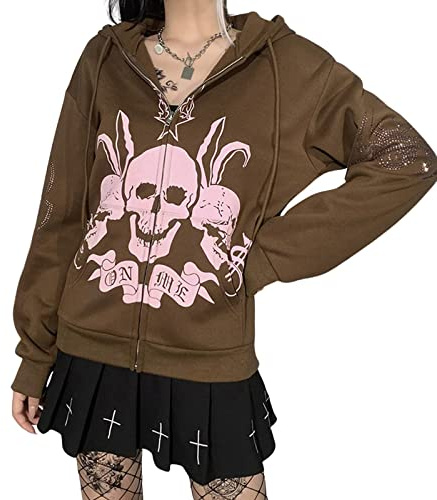 Sumleno Fairy Grunge-tröja med huva, alternativ emo-klädsel, Y2K-hoodie med dragkedja, oversized huvtröja i Harajuku-estetik, D, L