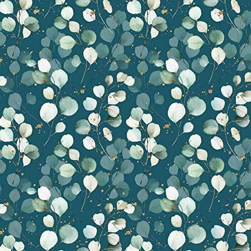 100x160cm Jersey Stoff mit Eukalyptus aus 95% Baumwolle - Damen- und Kinderstoffe zum Nähen - Frauen und Mädchen Stoffe - petrol gold weiß - keine Meterware