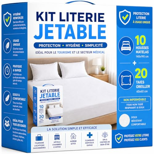 Kit Literie Jetable – 10 Housses de Matelas 140x190 cm + 20 Taies d’Oreiller 60x60 cm – Protection à Usage Unique – Hygiénique – Idéal Locations Saisonnières, Hôtels, Campings