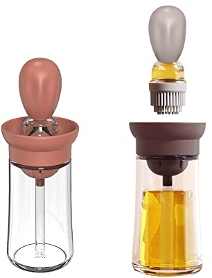 TINMIX 2 Pack 2 in 1 Ölspender mit Pinsel 180 ml Olivenölspender Flasche für Küche Glas Speisen Ölflasche für BBQ Grill Backen Gebäck Salat (Grau + Eisengelb)