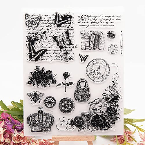 Butterflies Vintage Words Pattern Clear Stamps Gear Bee Book Background Transparent Seal Stamps for Holiday Card Making Decoration and DIY Scrapbooking Album DIY Crafts