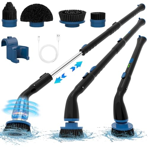 Electric Spin Scrubber, Cordless Cleaning Brush with 4 Replaceable Brush Heads and Adjustable Extension Handle Power Shower Scrubber for Bathroom, Kitchen, Tub, Tile, Floor