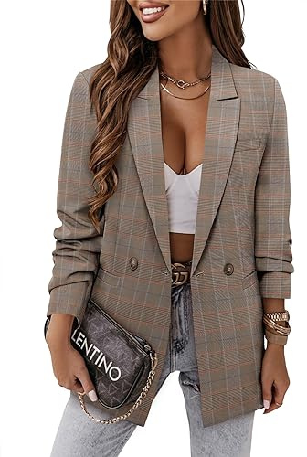 CRAZY GRID Women Business Casual Blazer Jacket Fashion Work Professional Suit Jacket Ladies Dressy Buttons Formal Office Blazer L Brown Plaid