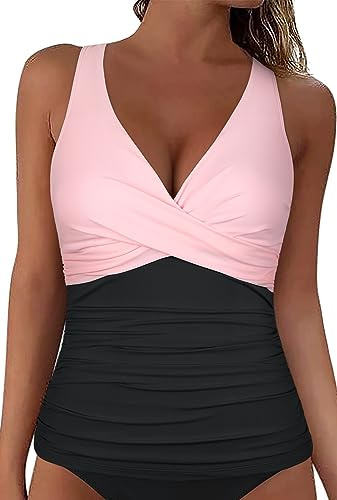 Mycoco Womens Underwire Push Up Tankini Tops Tummy Control Swimwear Slimming Swimsuit Tops Pink&Black US 16