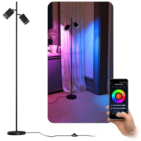 linovum TAVIRA Stehlampe 2-flammig schwarz 150cm Smart GU10 WLAN RGBW App | Stehleuchte 150cm - zwei schwenkbare Köpfe, per App & Alexa steuerbar, RGB-Farblicht, mit Fußtaster, ohne Hub, inkl. GU10 LED