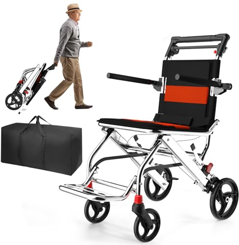 LANGYI Aluminum Alloy Portable Foldable Lightweight Wheelchair 17.6lbs with Shock-Absorbing Front Wheels & 8 Rear Wheels, 220lbs Capacity,Transport Wheelchair for Adults, Lightweight Person