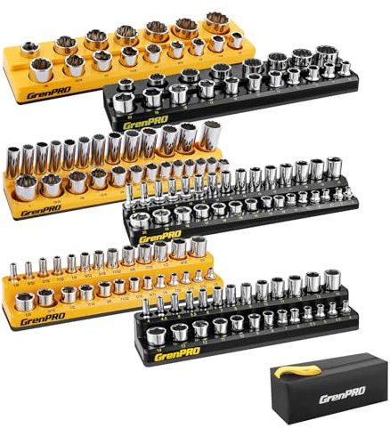 GRENPRO Socket Organizer for Tool Box Drawer, 6pc 143 Metric & SAE Magnetic Socket Holder, 1/4, 3/8, 1/2 Drive Socket Tray Set, Magnetic Socket Organizer