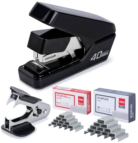 Deli Heavy Duty Stapler for Desk-40 Sheet Capacity, One-Touch Effortless Stapling, Quick-Load Design, with 2000 Staples & Staple Remover-Perfect for Office, Home, School, Black