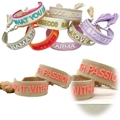 LS-LebenStil Exklusives Statement Armband - das Original 16-20cm Quasten besticktes Boho Canvas Webarmband Damen Freundschaftsarmband Geschenk gewebt textil Stoffarmband
