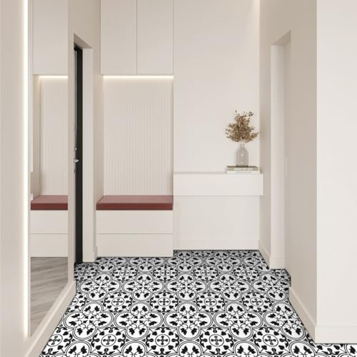 Alwayspon Vinyl Flooring, Black and White Pattern Self Adhesive Stick on Floor Tiles Transfer for Bathroom Kitchen, Splashback, Peel and Stick Vinyl Flooring Tiles Sticker, 24PcsX20cm/8inch