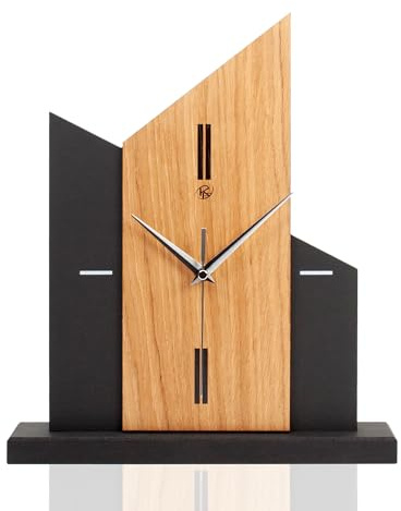Kreative Feder Standuhr „Brown Church“ aus Holz – Schwarze Tisch-Uhr ohne Ticken; Größe ca. 34,5x30x5cm (Applikation Eiche braun, leises Quarzuhrwerk)