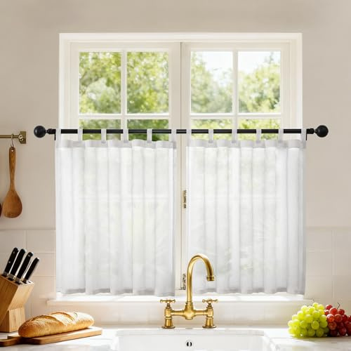 Joydeco Scheibengardinen Modern Leinenoptik Küchen Gardinen Vorhänge mit Schlaufen Voile Vorhang 2er Set H 60 x B 90 cm Transparente Küchengardinen Gardine Kurz für Wohnzimmer Wohnmobil Landhausstil
