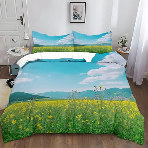 Générique Housse de Couette 220x240 cm Fleurs De Colza Montagnes Paysage Parure de lit en Coton Polyester avec Fermeture Éclair Doux et Durable, avec 2 Taies d'oreiller 65x65cm