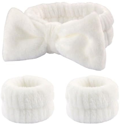 Hrlace Lot de 3 bandeaux de spa, pour le visage, le poignet, avec nœud papillon, en polaire corail, élastique, pour femme, douche, lavage, maquillage, spa, yoga, sport, blanc, 1 lot