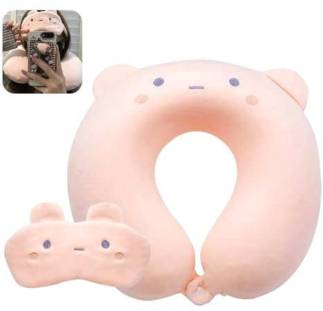 YqsIbth Travel Pillow, Cute Neck Pillow with Sleep Eye Mask, Memory Foam Neck Support Pillow for Plane Car Train Office Home(Pink Cat)