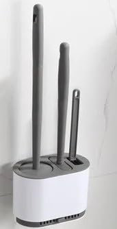 Premium Silicone Toilet Brush Set with Holder - Includes Crevice Tool- Bathroom Accessories - Floor or Wall Mounted - Grey & White, Loo Brush and Holder Set for a hygienic bathroom clean.