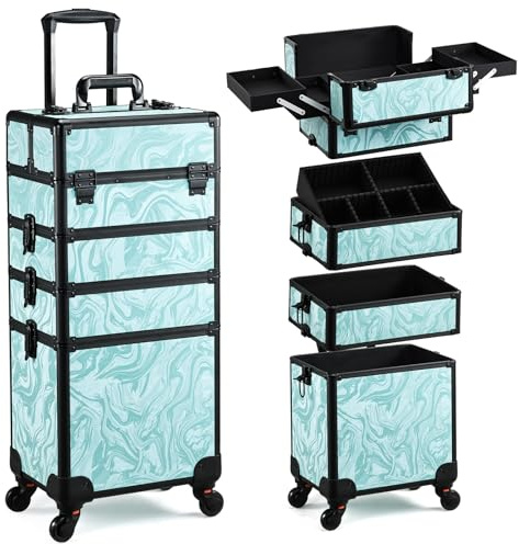 Yueieoun Rolling Makeup Case, 4 in 1 Makeup Case on Wheels, Professional Makeup Trolley, Cosmetic Train Case Makeup Cart Travel Trolley with Key for MUA, Hairstylists, Nail Tech, Turquoise Vitality