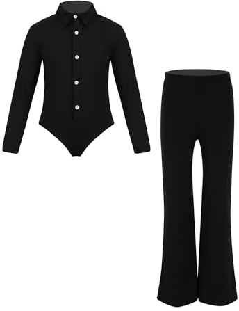 Oyolan Traje De Baile De Jazz Latino para Niños Mameluco Mangas Largas con Pantalones Maillot De Patinaje De Gimnasia Negro 12 años