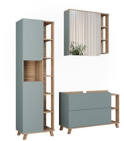 Vicco Set di mobili da bagno Karen, Sonoma/blu, 100 cm, composto da mobile sottolavabo, specchiera e colonna alta