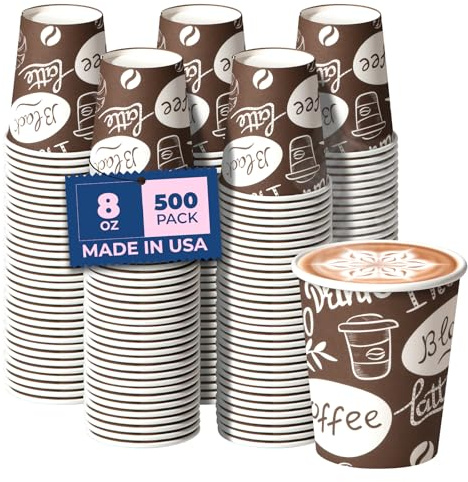 Fit Meal Prep Tazas de café de 8 onzas, 500 unidades, taza caliente a prueba de fugas, taza de café de papel desechable a granel para bebidas calientes/frías, vasos de papel grueso duradero para