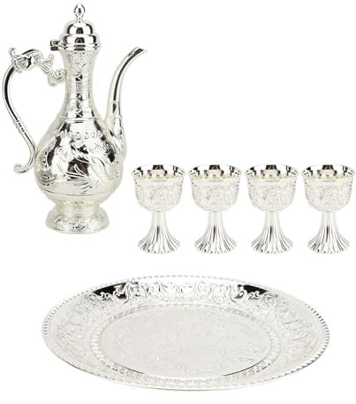 Set di tè turco Vintage squisito lussuoso tea tea tostinata in metallo e 4 tazze set per la casa per decorazioni da tavolo da tè, ornamento da matrimonio (Silver)
