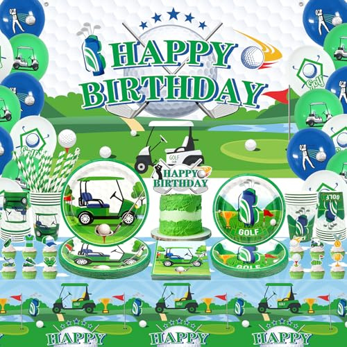Obussgar Golf Birthday Party Decorations - Golf Party Supplies including Backdrop, Plate, Cake Topper, Cup, Napkin, Balloon, Tablecloth - Serves 20 (BJ)