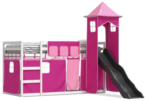 CelticHearth Kinder Etagenbett Kinderbett mit Rutsche Vorhänge & Turm – Kiefer Massivholz – Rosa Blau Schwarz – 80x200 cm 90x190 cm 90x200 cm – Spielbett für Jungen und Mädchen