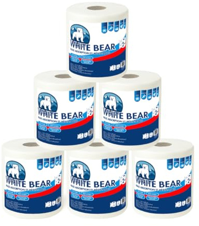 White Bear - Set di 6 Rotoli di Carta Assorbente Biodegradabile - 2 Strati - Ultra Resistente - 275 Fogli Pretagliati per Rotolo - Carta Assorbente e per Pulizia - Ideale per Cucina e Ufficio