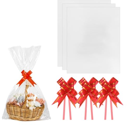 UEAVOID 3 Pezzi Grandi Sacchetti di Cellophane con 3 Fiocchi Decorativi, Carta Trasparente per Regali, Cesti, Fiori, Artigianato, Dolci, Matrimonio (70x100cm) (Trasparente)
