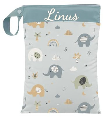 ARTEE Nasstasche für Kita-Wechselwäsche, Wasserdicht, Waschbar, mit Reißverschluss, Personalisierbar, mit Name, für Kindergarten, Strand, Sport (Little Elephants)