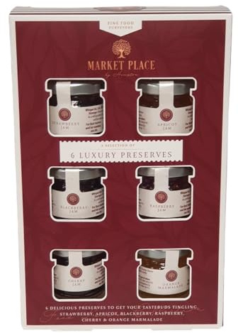 Market Place Luxury Preserves Gift Set Selection of 6 Mini Jams and Marmalade Strawberry Apricot Blackberry Raspberry Cherry Orange Breakfast Tea Toast Spreads