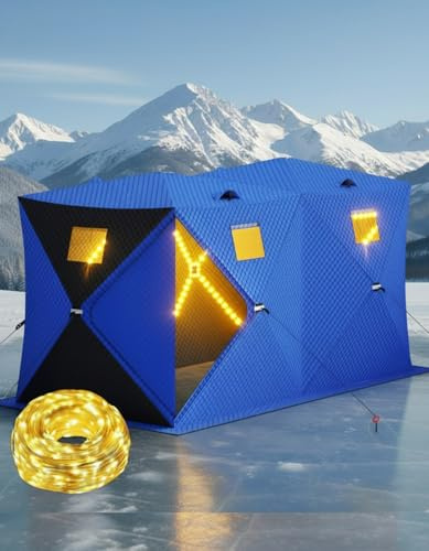 Pop-Up Ice Fishing Tent with 49Ft LED Light Strip,3-Layer Insulated Shelter for 3-8 Person, Portable Waterproof Oxford Ice Shanty with 2 Doors/Anchors/Ropes/Carrying Bag