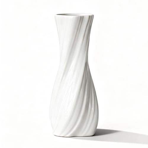 Blomvas i keramik vit, modern vasdekoration, liten bordsvas vit 17 cm för blombuketter, torkade och fräscha blommor, vardagsrum matbord bondgård kontor bordsdekoration (stil A)