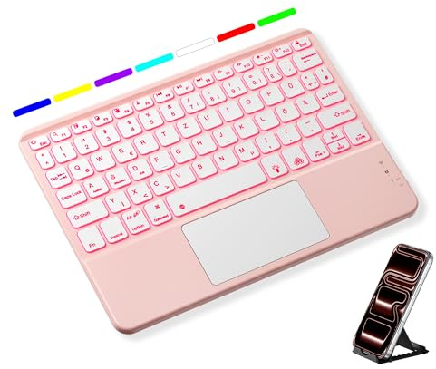 Vobafe Bluetooth Tastatur mit Touchpad, 7-farbiges Backlight iPad Tastatur | Traleicht Kabellose QWERTZ Keyboard mit Trackpad für iPad/Tablet/Laptop/PC/Smartphone(iOS/Windows/Android Systeme), Hellrosa