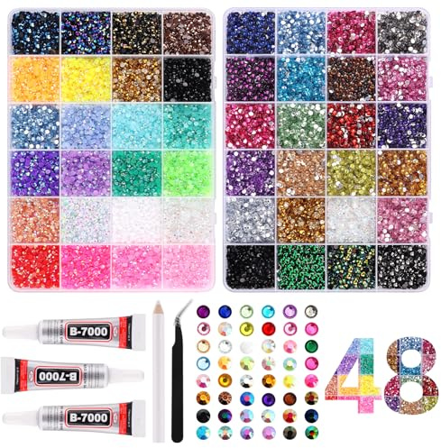 EBANKU 48 000 st. geléstenar för bedazzling, 3 mm 48 färger flatback ädelstenar för diamantmålning med 3 B7000 lim för gör-det-själv-hantverk, böcker, skor och nagelkonst