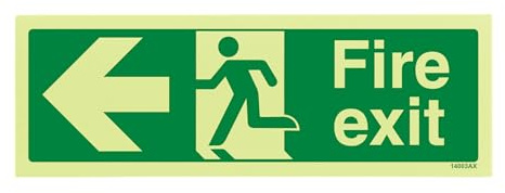 V Safety Glow in the Dark Fire Exit Sign with Left Arrow – 300 x 100mm ISO 7010 Compliant – Photoluminescent Self Adhesive Vinyl Safety Sign for Emergency Evacuation – for Offices, Schools, Care Homes