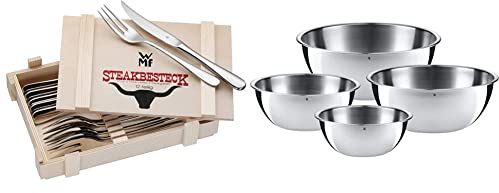 WMF Steakbesteck 12-teilig Steakbesteck Set für 6 Personen, Steakmesser, Steakgabel, Grillbesteck in Holzkiste & Gourmet Schüsselset 4-teilig Edelstahl Schüsseln für die Küche 0,75l - 2,75l, Cromargan