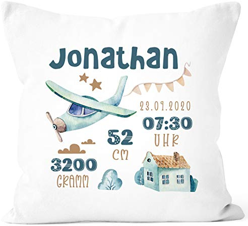 SpecialMe® personalisierbares Kissen zur Geburt, Geburtskissen, Namenskissen Flugzeug Watercolor Geschenk Geburt Baby weiß 40cm x 40cm
