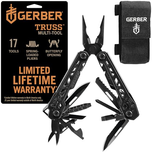 Gerber Gear Truss Multitool, Gifts for Men, 17-in-1 EDC Needle Nose Pliers, includes Pocket Knife, Screwdriver, and Bottle Opener Accessories, Fishing and Camping Gear, Black