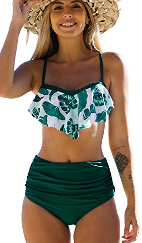 JFAN Costume da Bagno Donna Due Pezzi Bikini A Vita Alta Bottom Increspato Stampa Floreale Halter Ruffle Coordinati Verde XL