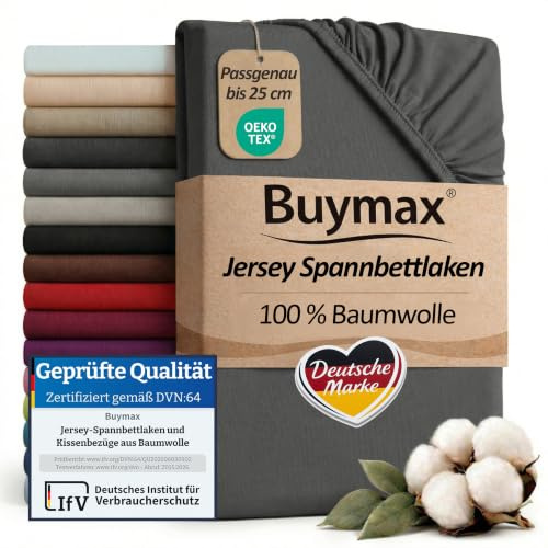 Buymax Spannbettlaken 180x200cm Baumwolle 100% Spannbetttuch Bettlaken Jersey, Matratzenhöhe bis 25 cm, Farbe Anthrazit